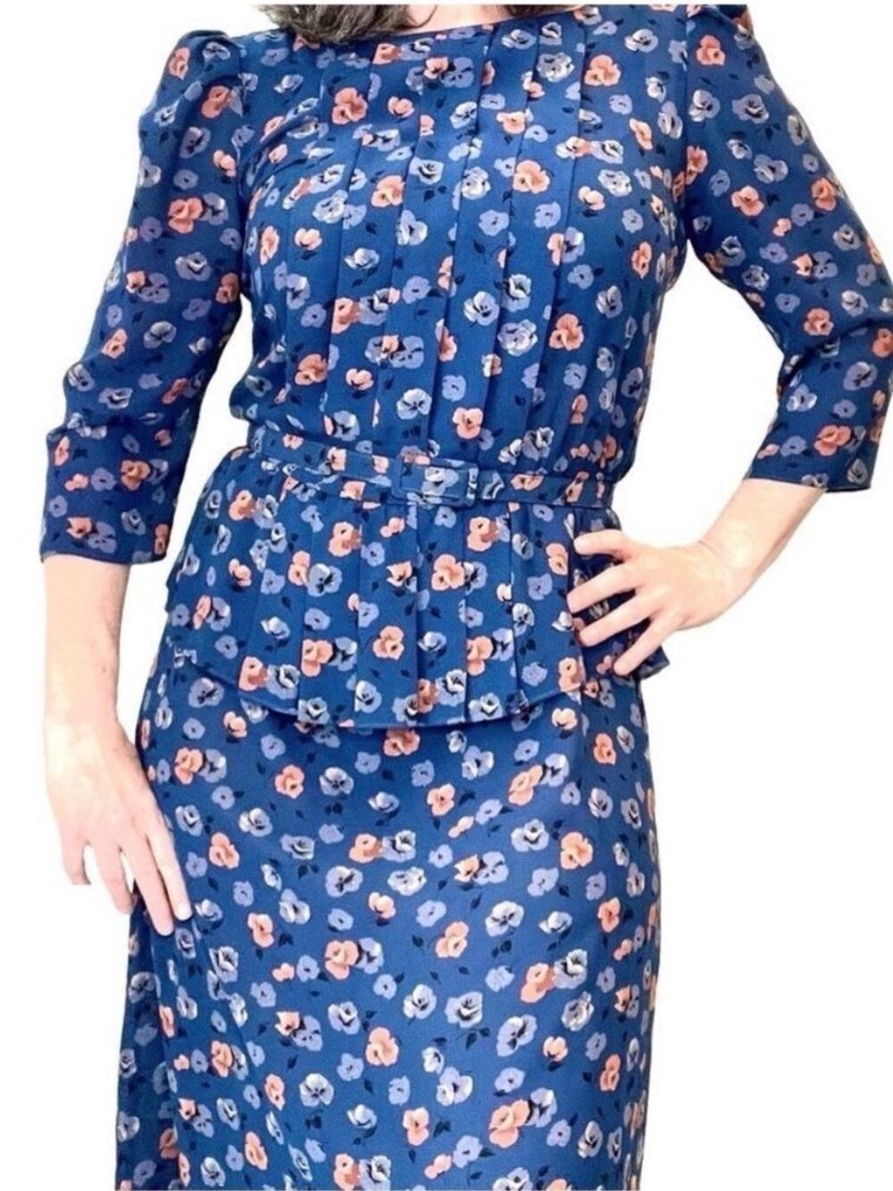 Vintage 1980s Day Dress Midi Teal Blue Floral Canadian Pleated Keyhole Peplum S